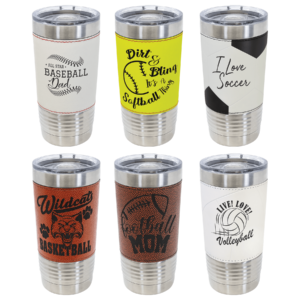 A variety of sports themed cups with lids.