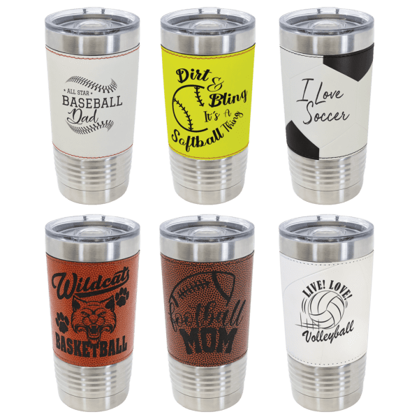 A variety of sports themed cups with lids.